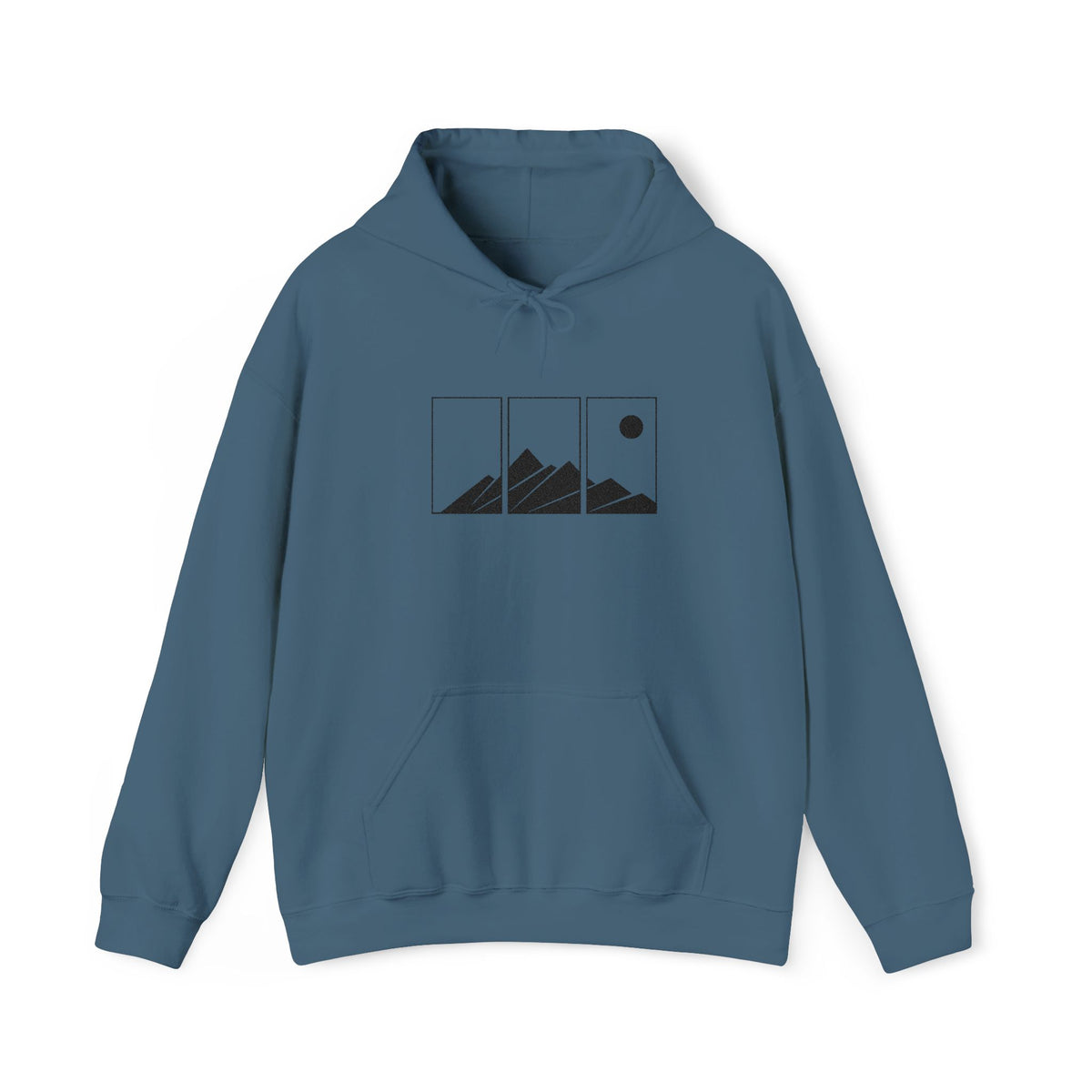Mountain Triptych Hoodie — Minimalist Scenic Graphic Pullover Embroidered