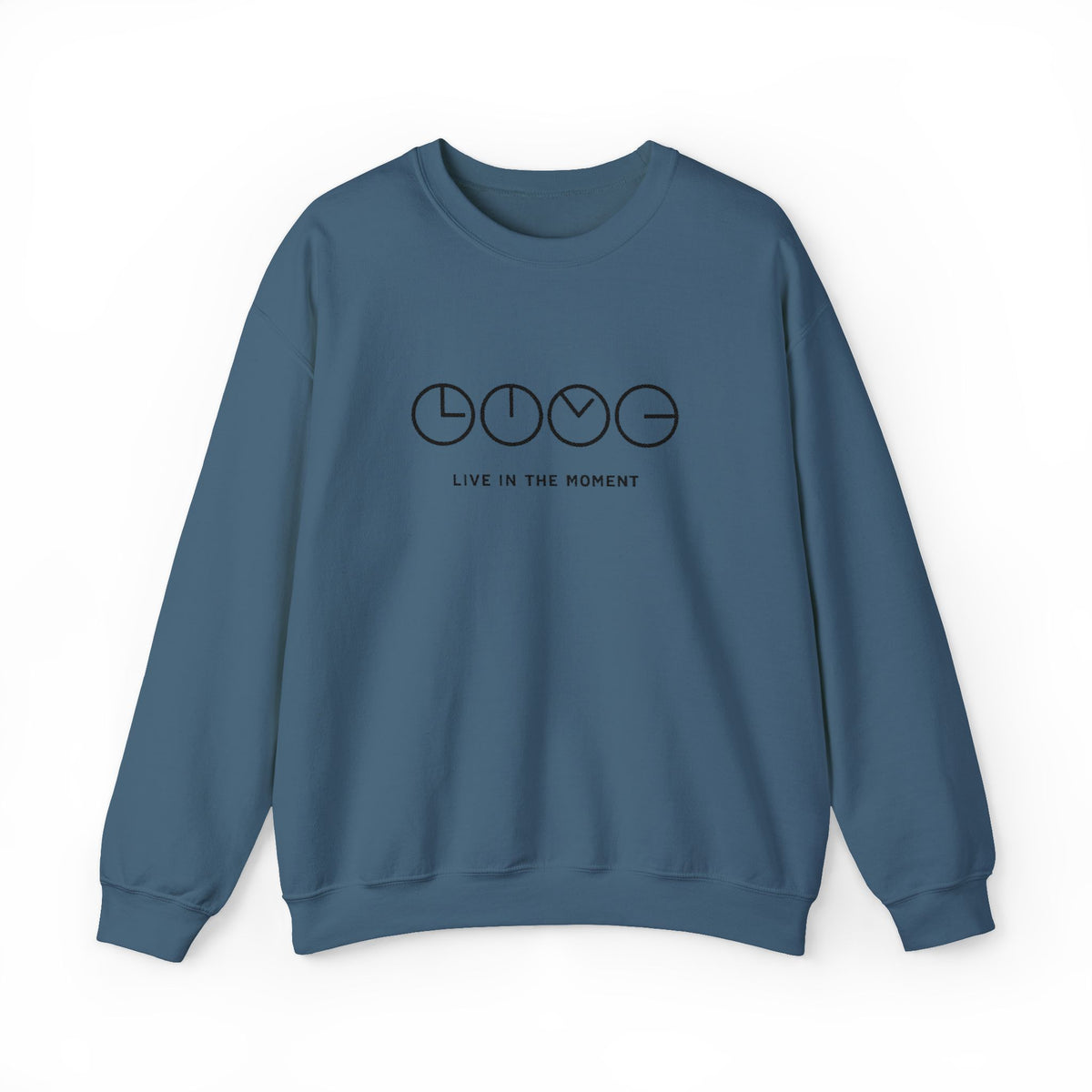 Live In The Moment Crewneck Sweatshirt — Minimal Clock Graphic Embroidered