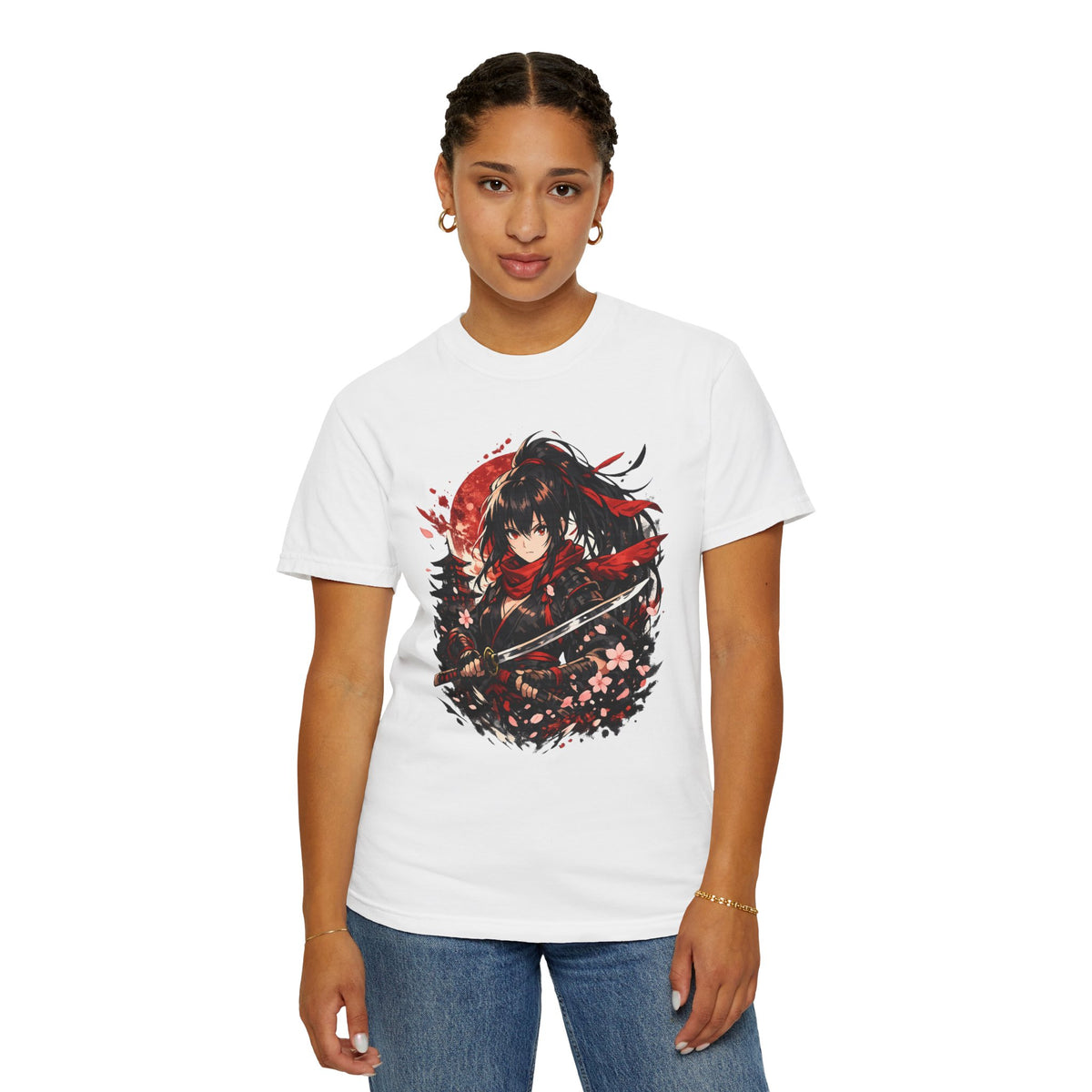 Samurai Anime Girl T-Shirt — Red Moon & Sakura Sword Art Tee