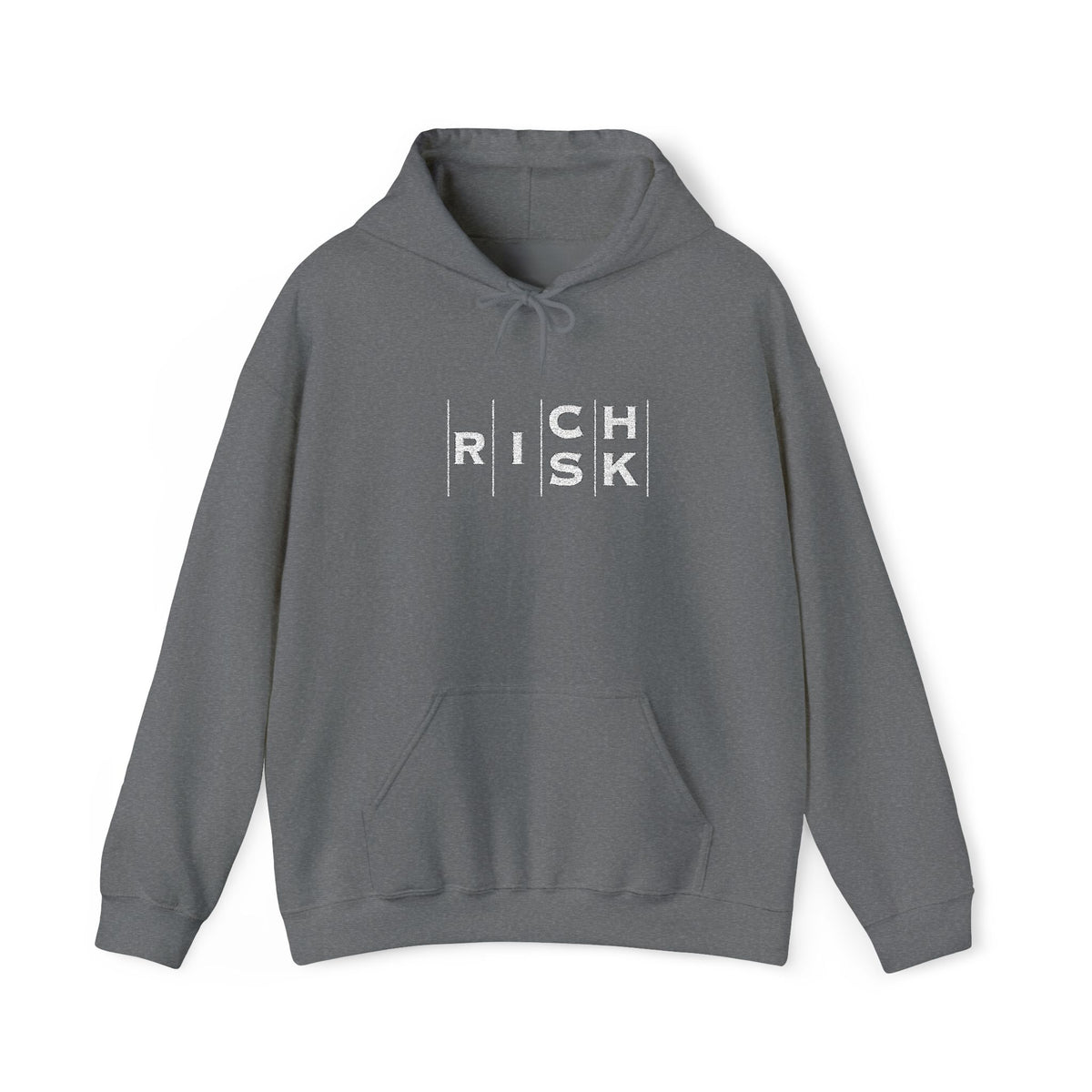 Risk/Reward Graphic Hoodie — “RISK | RICH” Distressed Text Sweatshirt