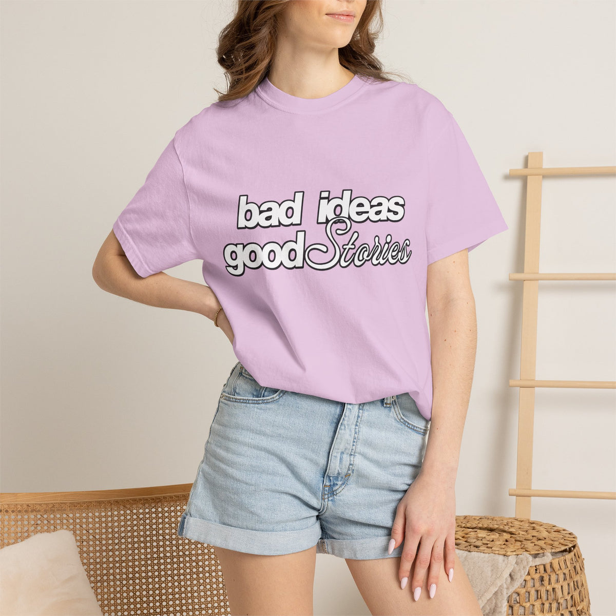 T-Shirt — “bad ideas good stories” Retro Script Tee