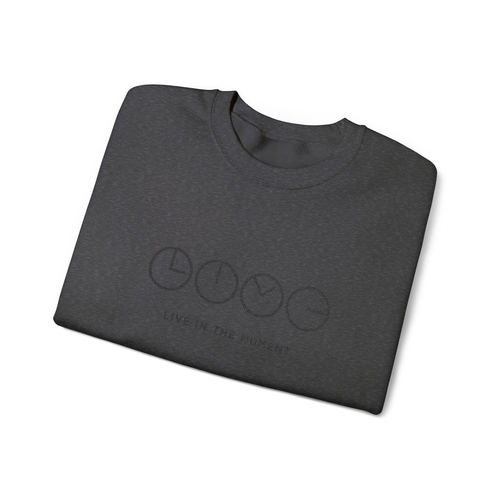 Live In The Moment Crewneck Sweatshirt — Minimal Clock Graphic Embroidered