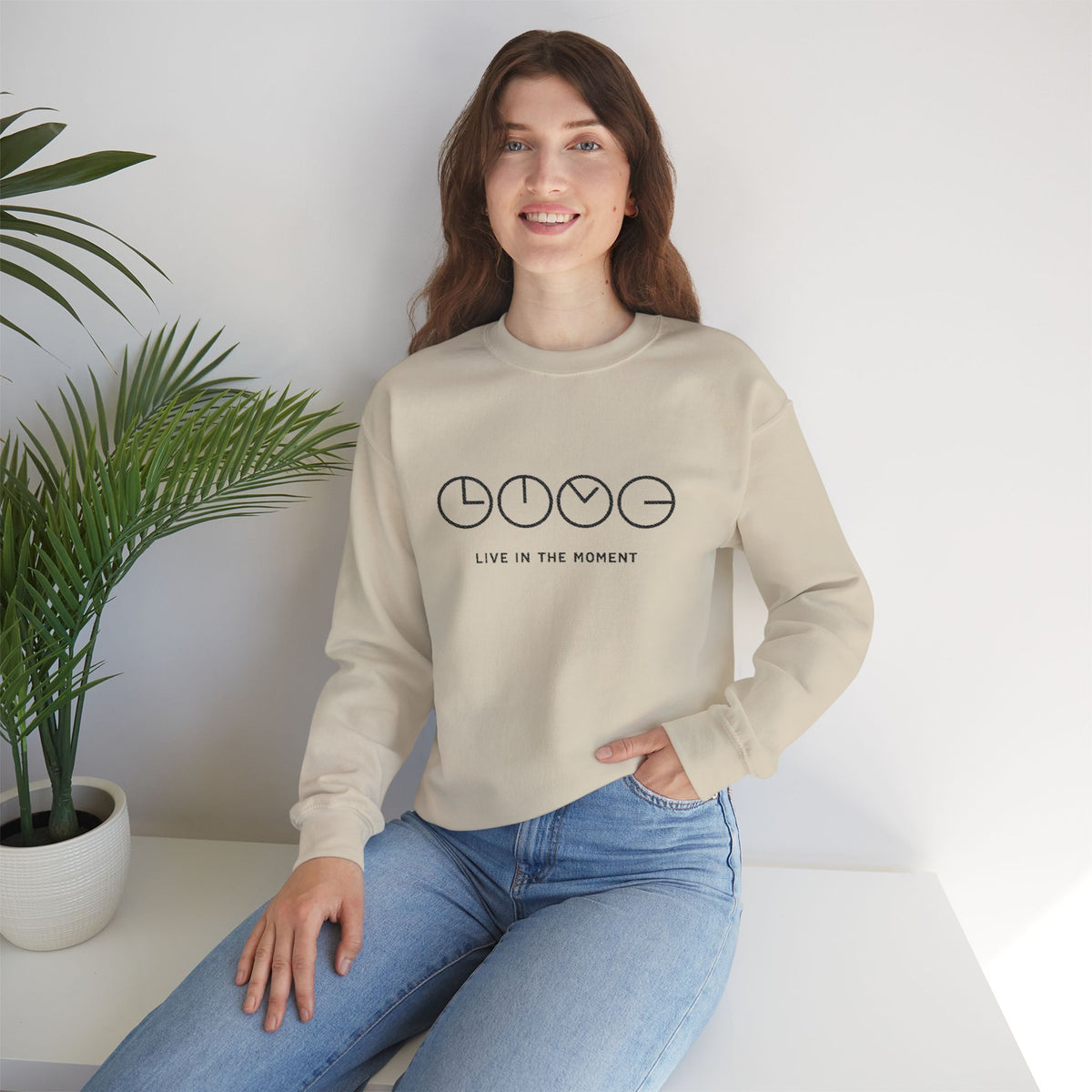 Live In The Moment Crewneck Sweatshirt — Minimal Clock Graphic Embroidered