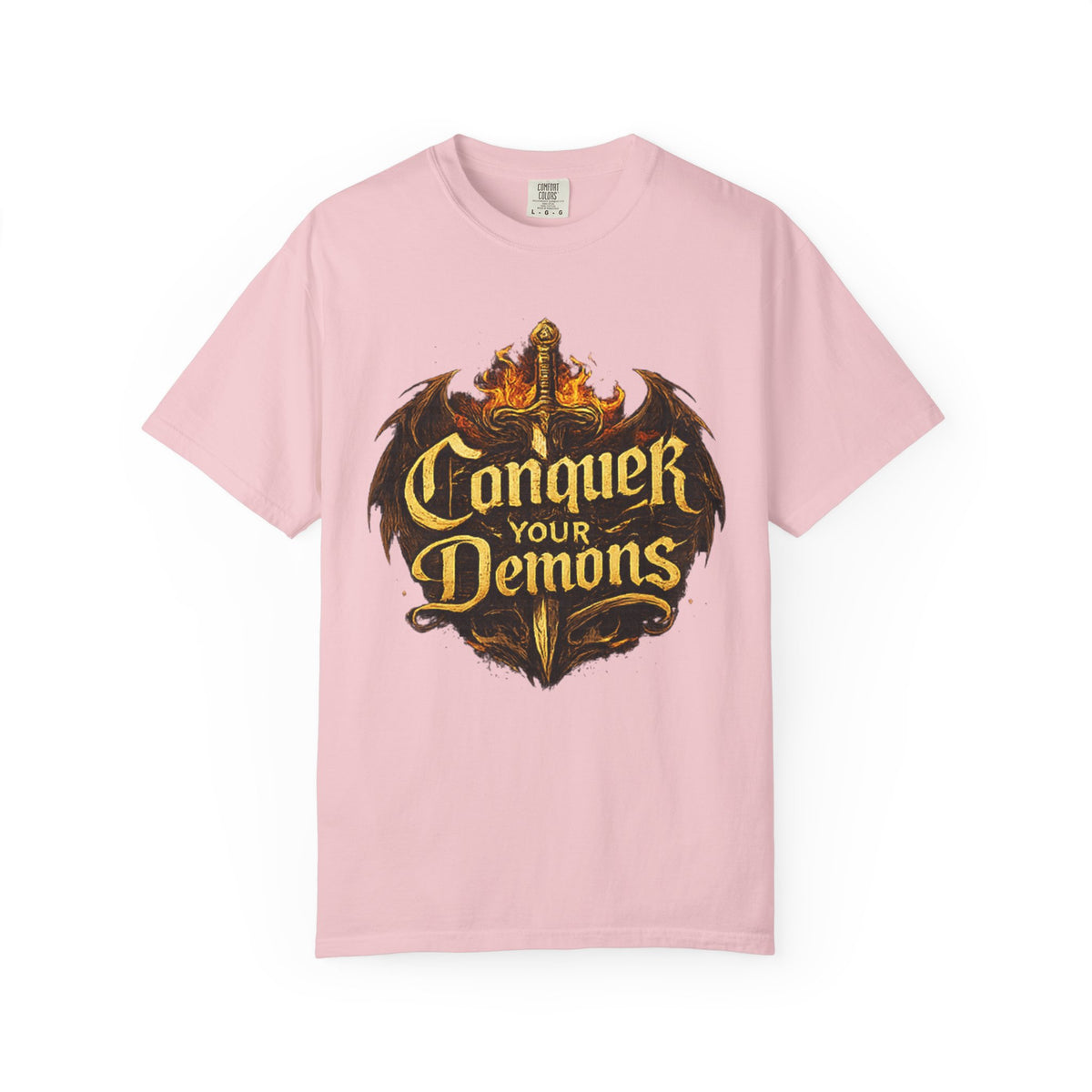 Conquer Your Demons T-Shirt — Gothic Sword & Flames Motivational Tee