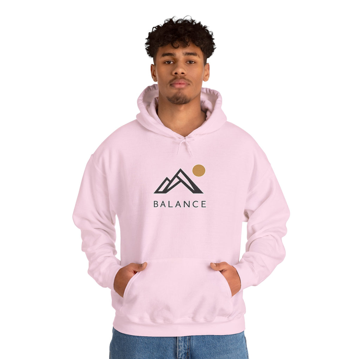 Balance Mountain Hoodie — Minimalist Sunrise Graphic Hooded Sweatshirt