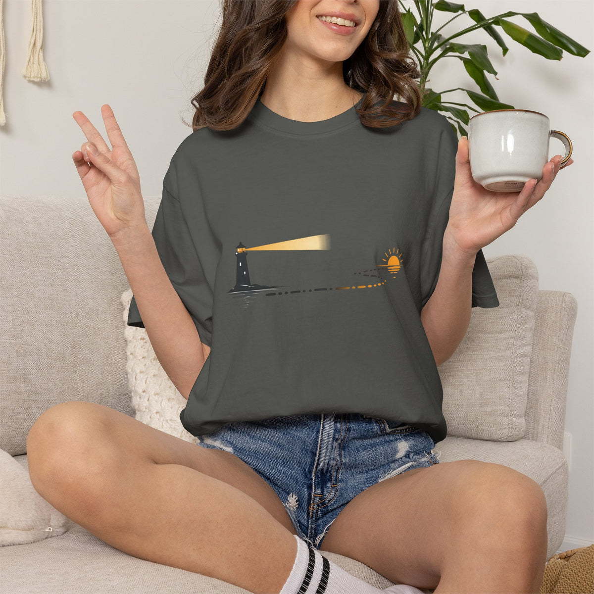 Lighthouse Sunset T-Shirt — Nautical Coastal Tee with Beacon Graphic