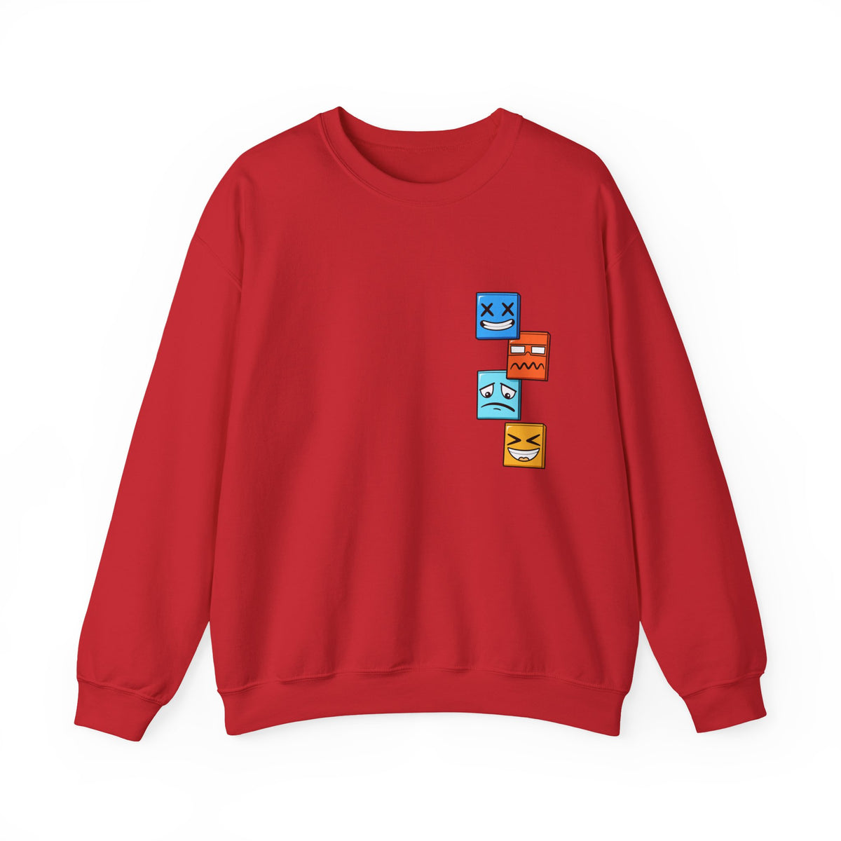 Emotional Blocks Crewneck Sweatshirt — Stacked Expressive Face Cubes Graphic