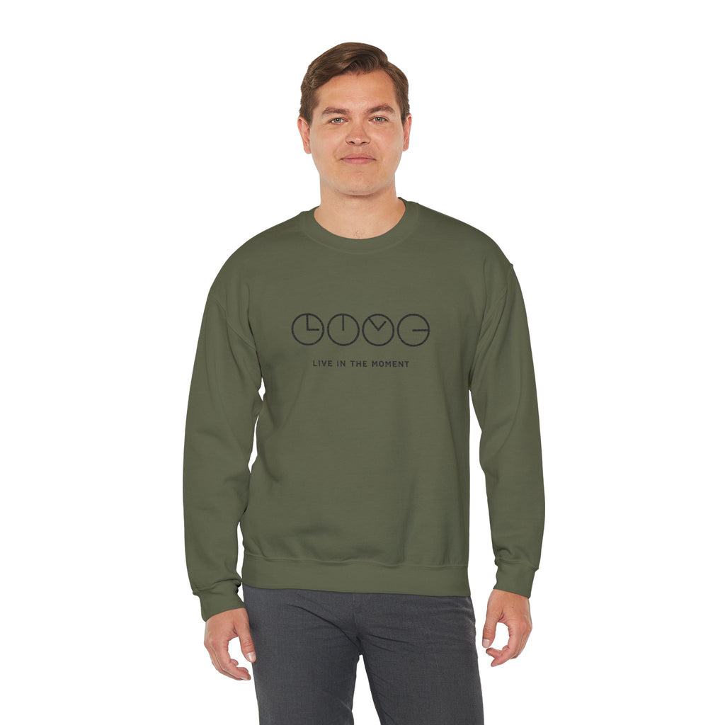 Live In The Moment Crewneck Sweatshirt — Minimal Clock Graphic Embroidered
