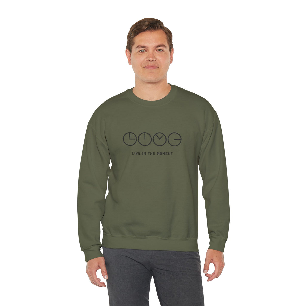 Live In The Moment Crewneck Sweatshirt — Minimal Clock Graphic Embroidered