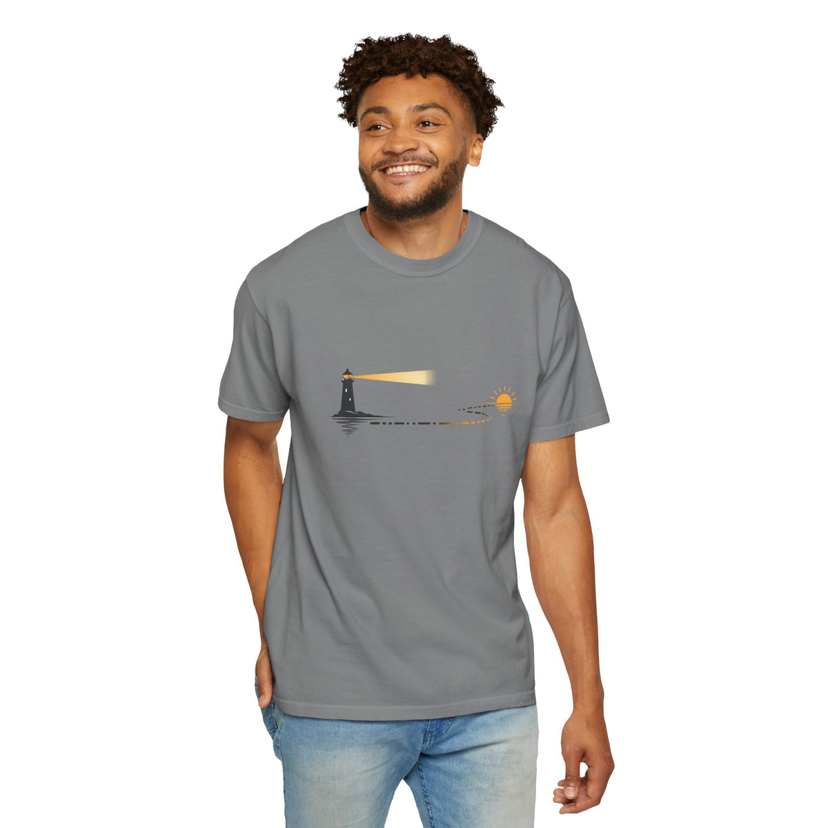 Lighthouse Sunset T-Shirt — Nautical Coastal Tee with Beacon Graphic