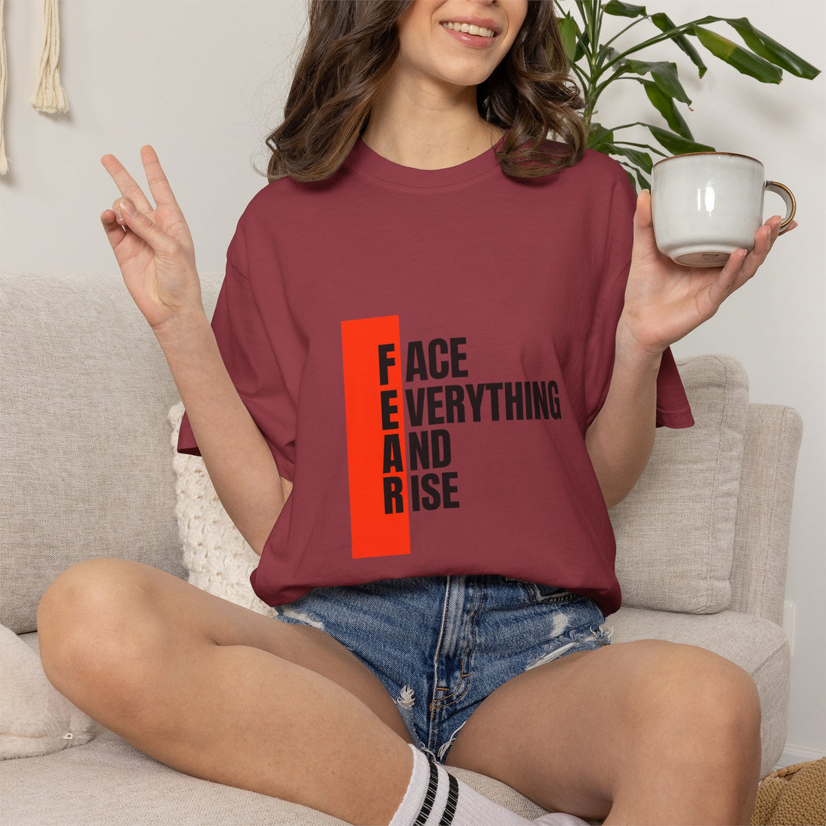 Motivational T-Shirt — "FEAR: Face Everything And Rise" Bold Red Accent