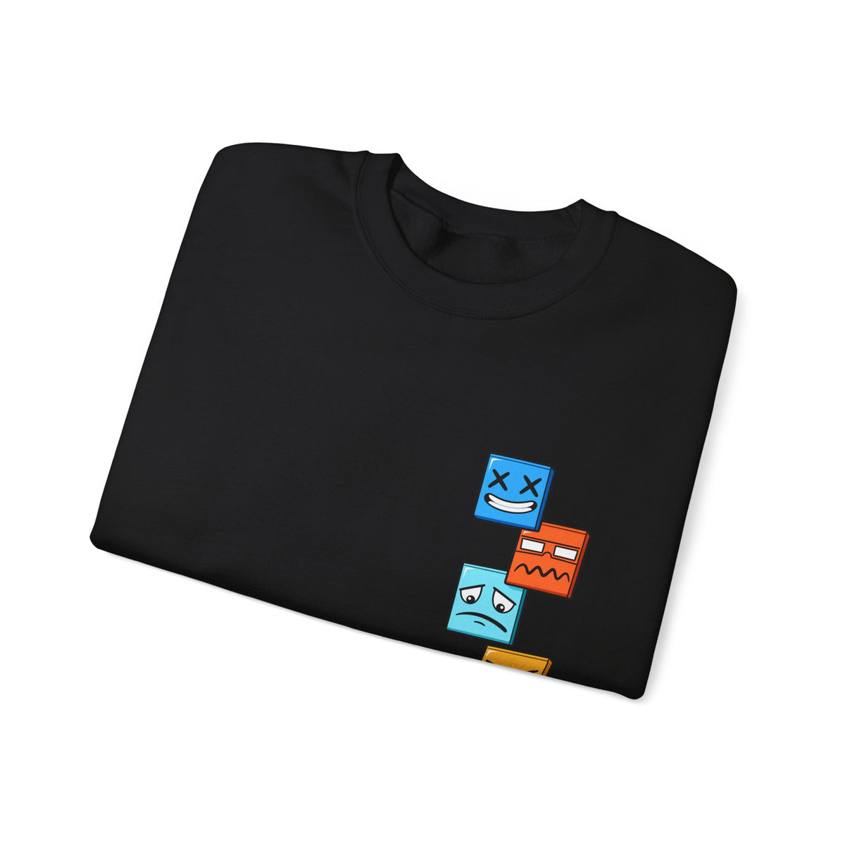 Emotional Blocks Crewneck Sweatshirt — Stacked Expressive Face Cubes Graphic