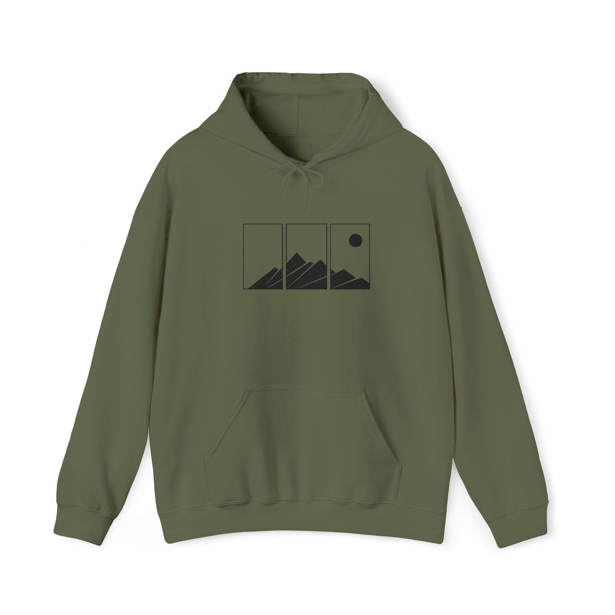 Mountain Triptych Hoodie — Minimalist Scenic Graphic Pullover Embroidered