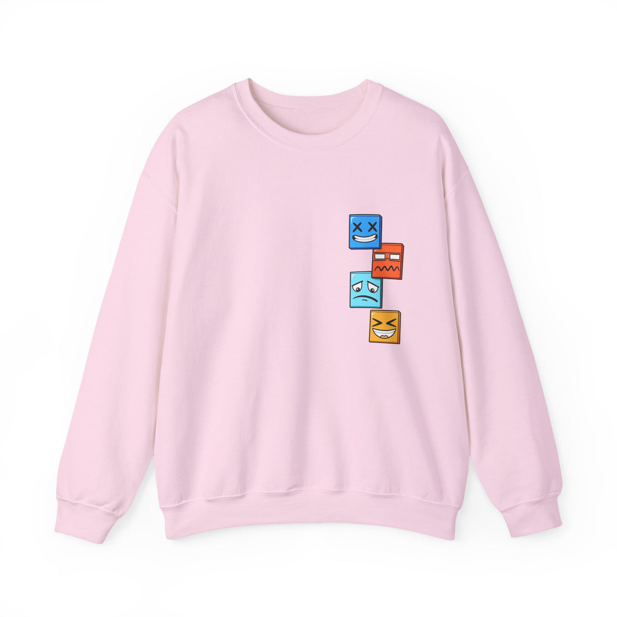 Emotional Blocks Crewneck Sweatshirt — Stacked Expressive Face Cubes Graphic