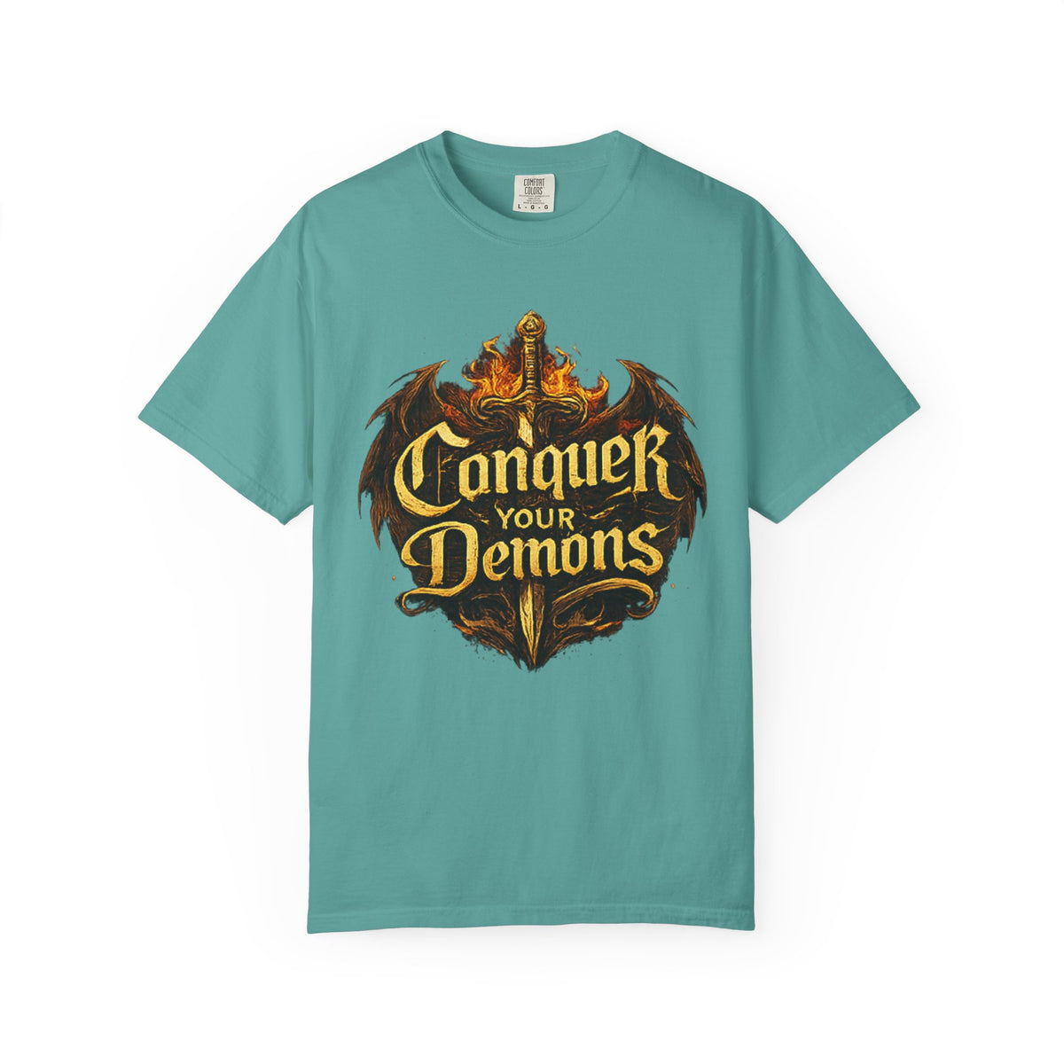 Conquer Your Demons T-Shirt — Gothic Sword & Flames Motivational Tee