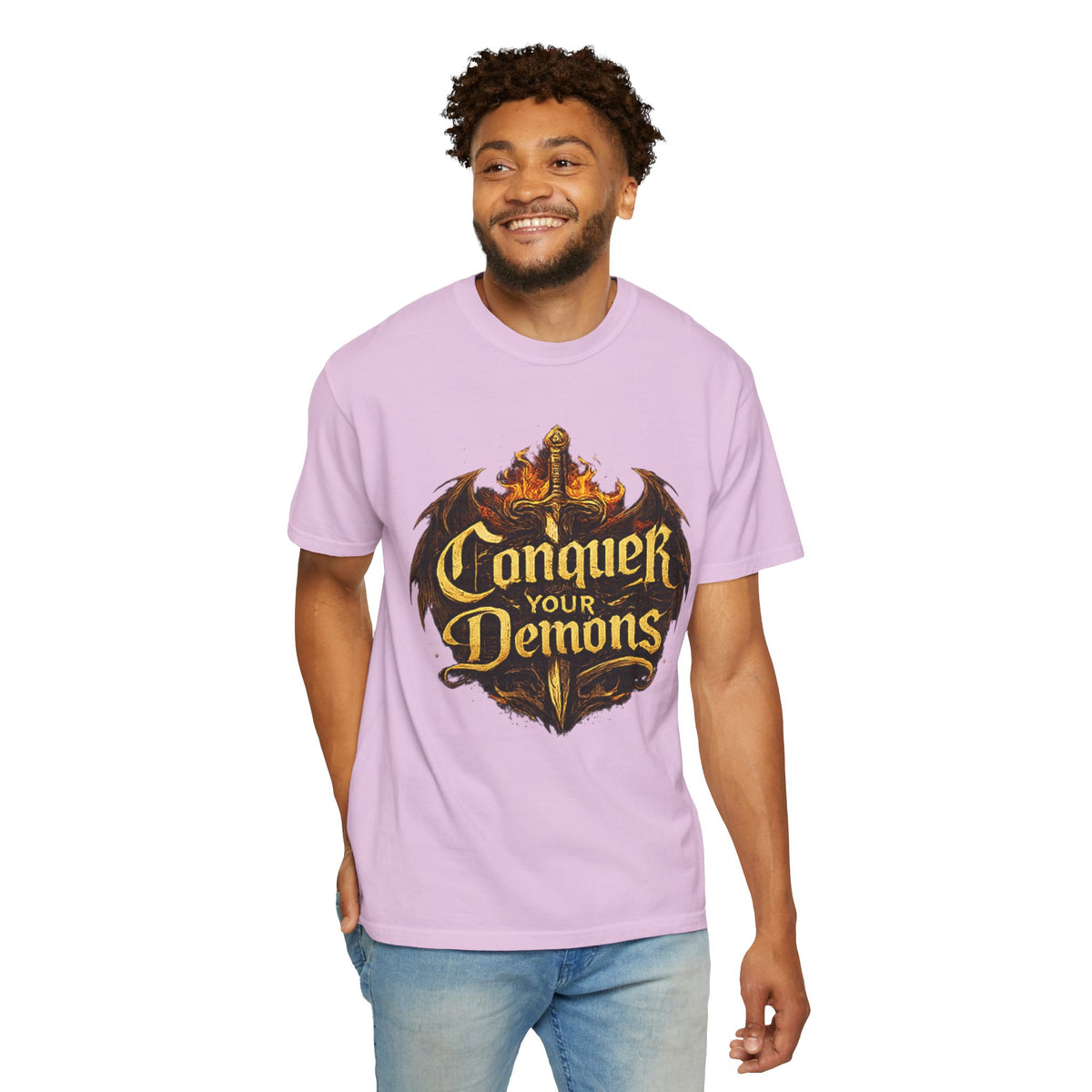 Conquer Your Demons T-Shirt — Gothic Sword & Flames Motivational Tee