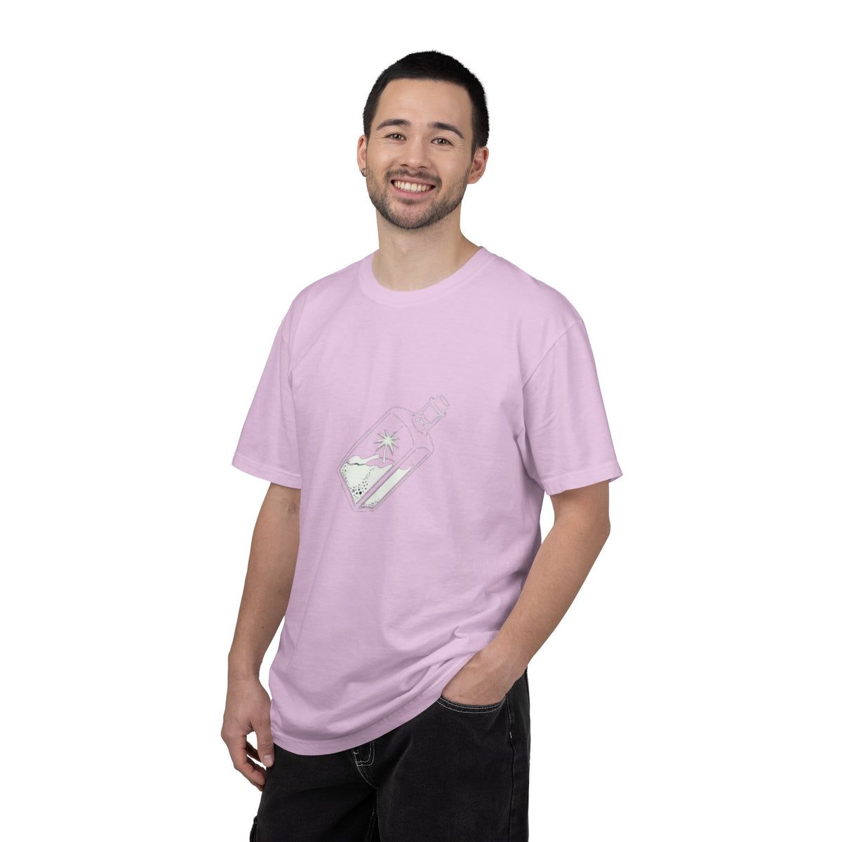 Pocket Island T‑Shirt — Minimal Bottle Isle Graphic Tee