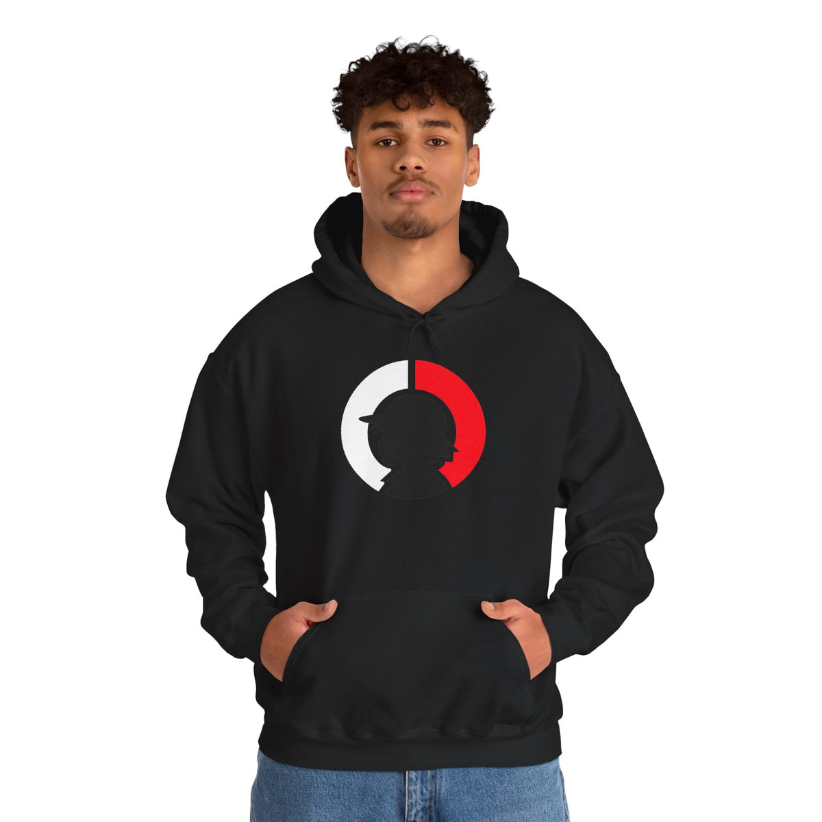 Detective Silhouette Hoodie – Minimal Red Moon Mystery Graphic
