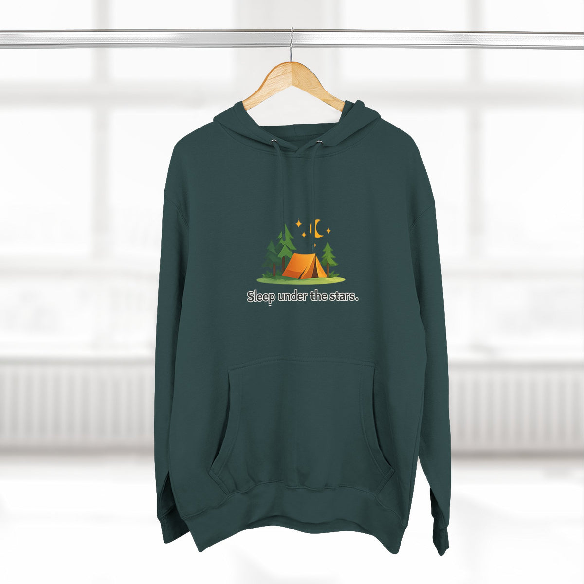 Camping Hoodie — "Sleep Under the Stars" Tent & Moon Graphic