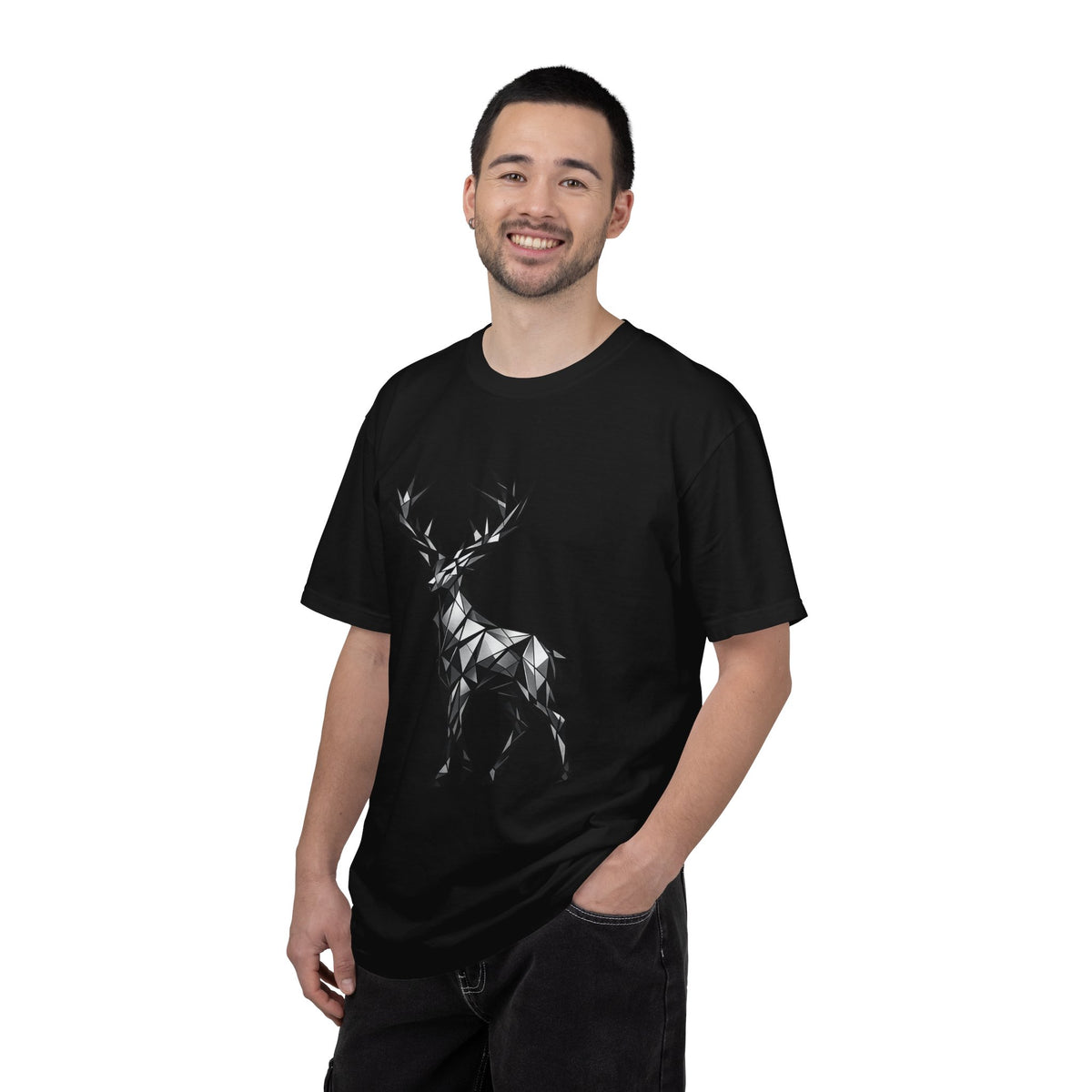 Geometric Stag T-Shirt — Black Polygon Deer Graphic Tee