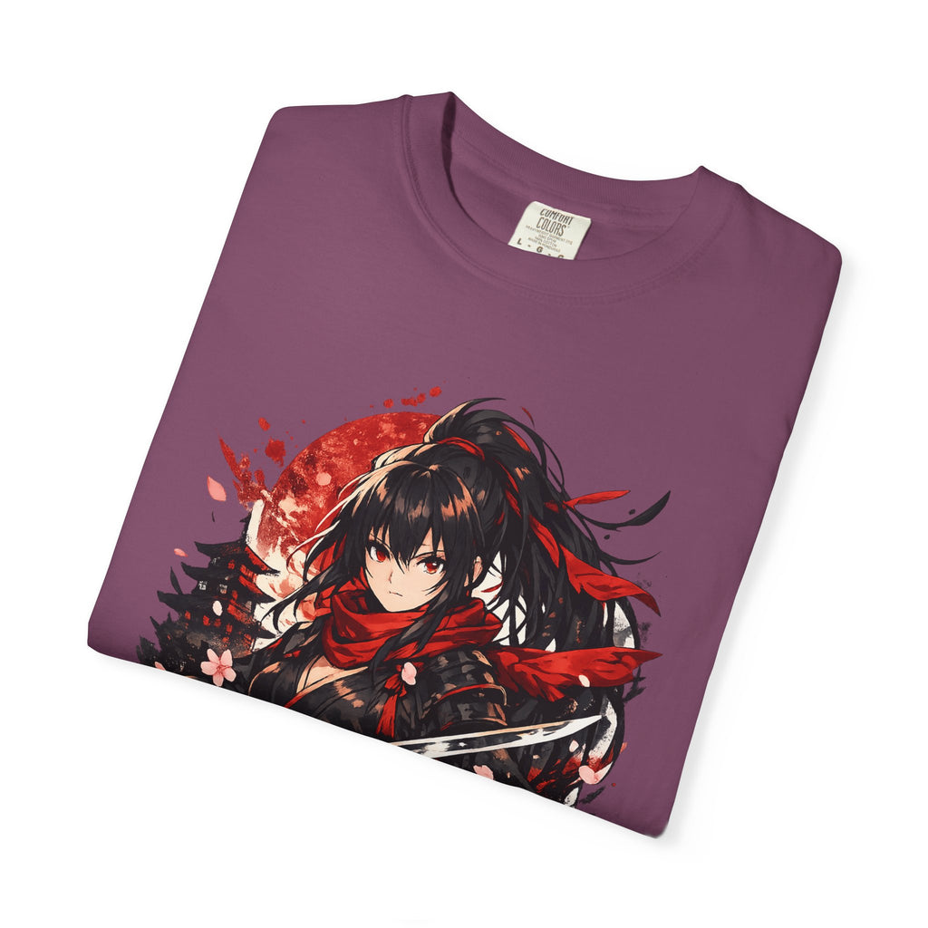 Samurai Anime Girl T-Shirt — Red Moon & Sakura Sword Art Tee