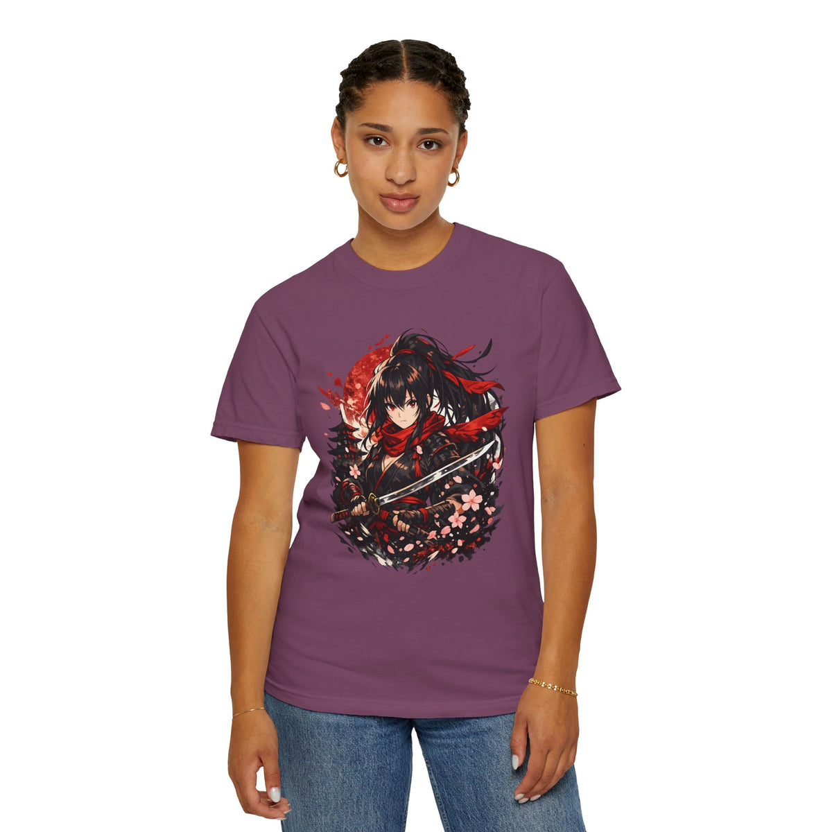 Samurai Anime Girl T-Shirt — Red Moon & Sakura Sword Art Tee