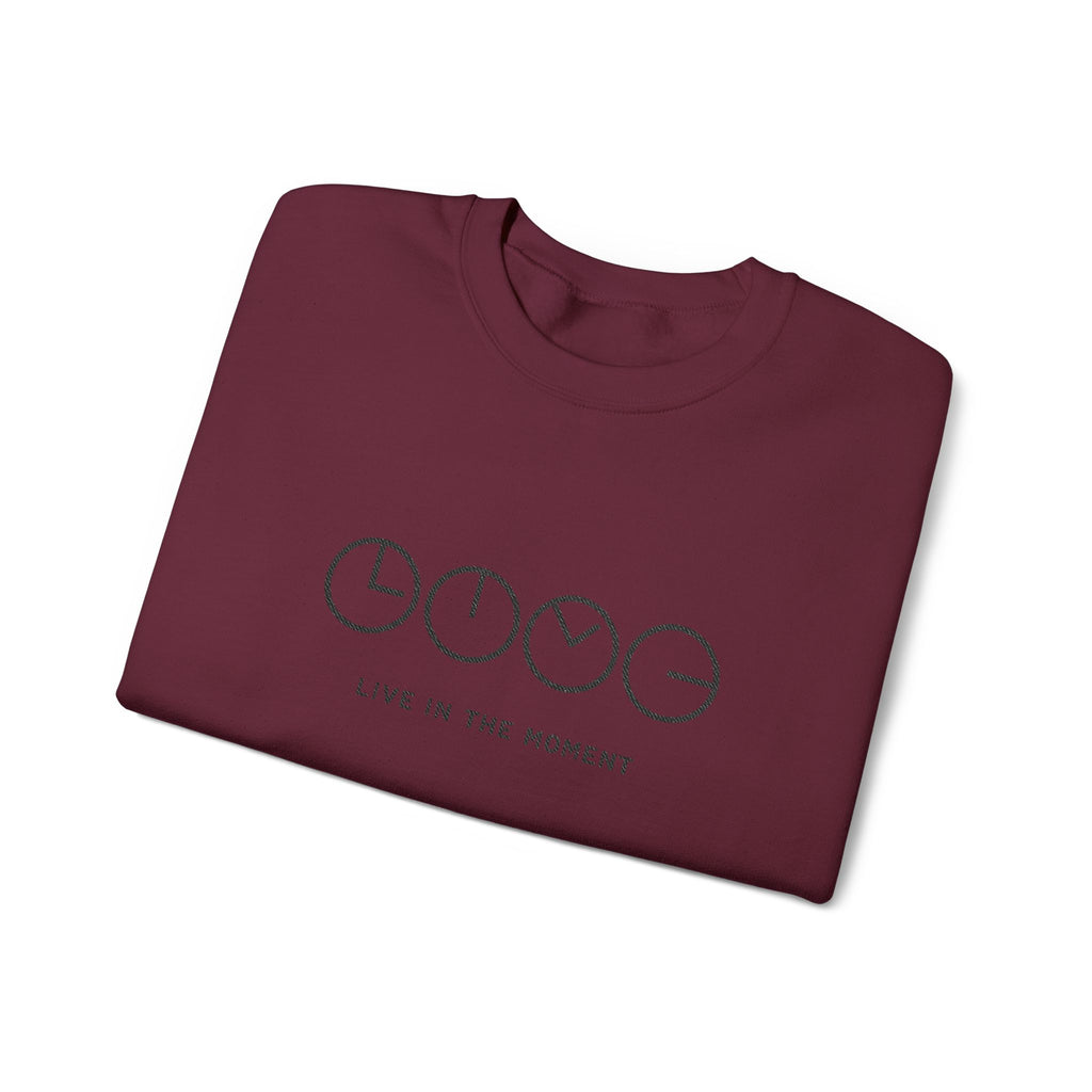 Live In The Moment Crewneck Sweatshirt — Minimal Clock Graphic Embroidered