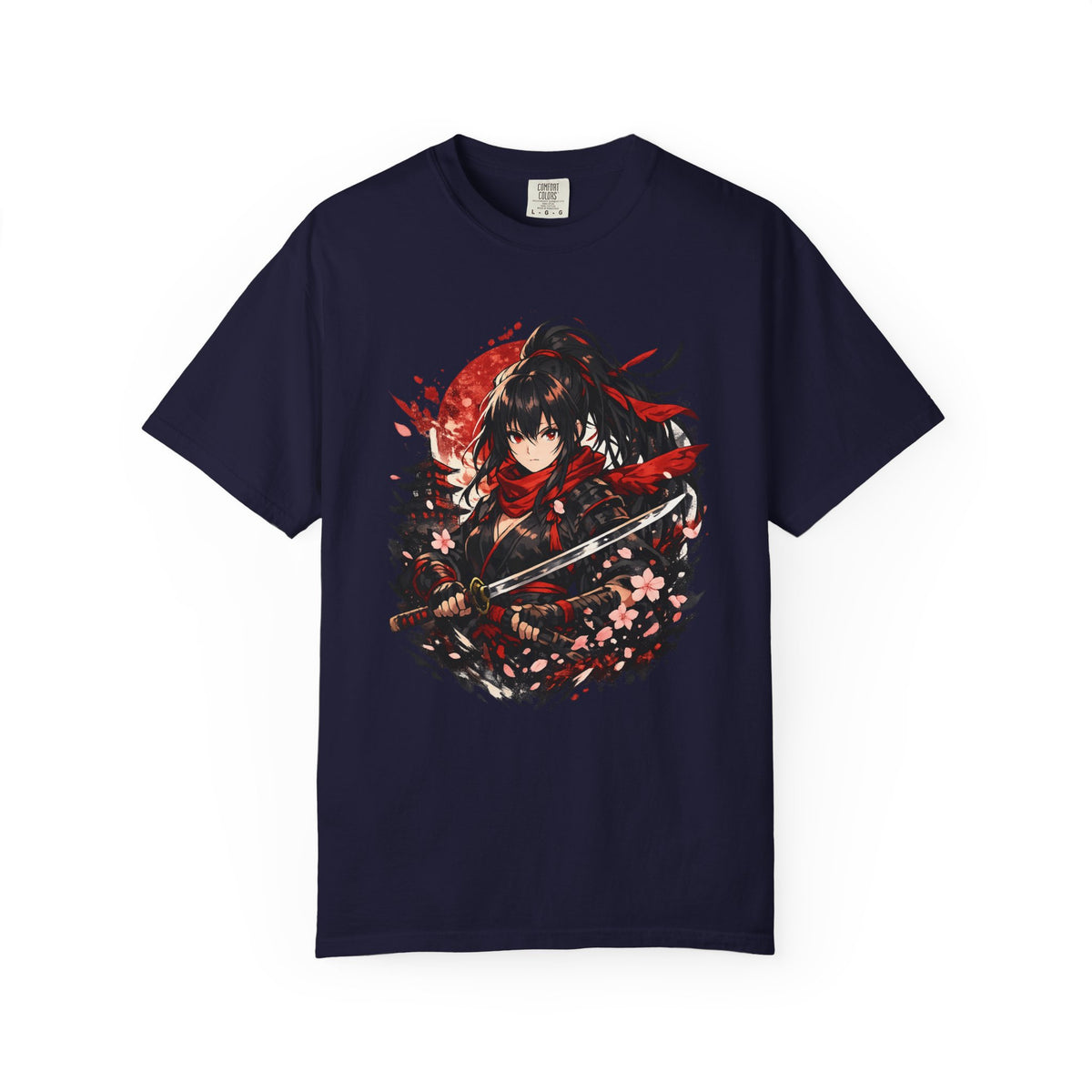 Samurai Anime Girl T-Shirt — Red Moon & Sakura Sword Art Tee