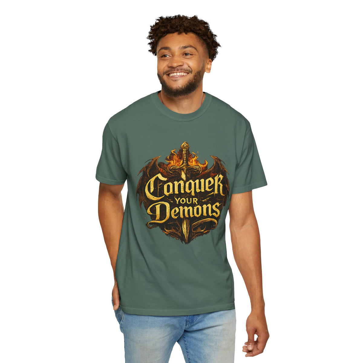 Conquer Your Demons T-Shirt — Gothic Sword & Flames Motivational Tee