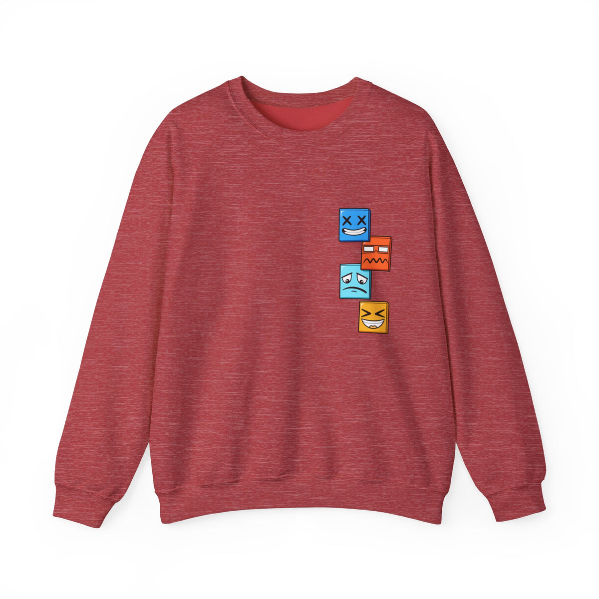 Emotional Blocks Crewneck Sweatshirt — Stacked Expressive Face Cubes Graphic